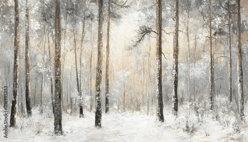 A serene winter forest scene with snow-covered trees and soft light.