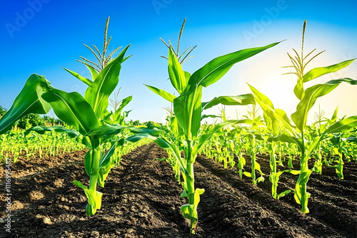 Lush green corn plants growing in a fertile field under a bright sunny sky.