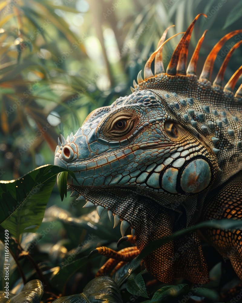 Fototapeta premium iguana on sunlit tree branch with natural forest view ai generated