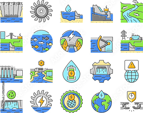 hydroelectric power plant energy icons set vector. hydro dam, station generator, water electricity green, electric industry hydroelectric power plant energy color line illustrations