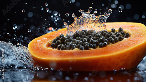 Photo of a papaya with a water splash, against a black background, using studio lighting photo