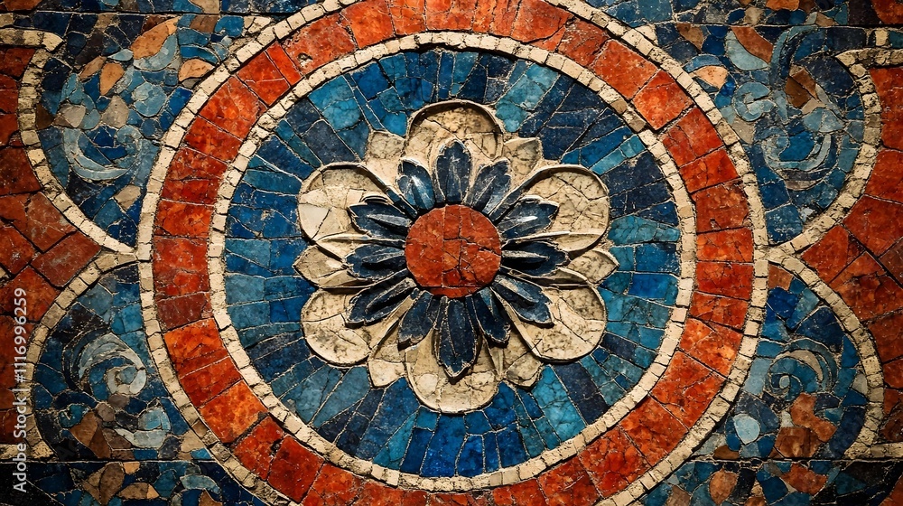 Obraz premium Intricate circular mosaic tile artwork featuring a central floral design in shades of blue, red, and white.