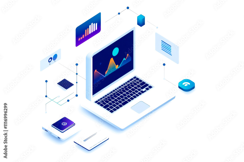 A sleek laptop with vibrant data visualizations, surrounded by elements representing digital analytics and technology. A sleek laptop with vibrant data visualizations, surrounded by elements representing digital analytics and technology.