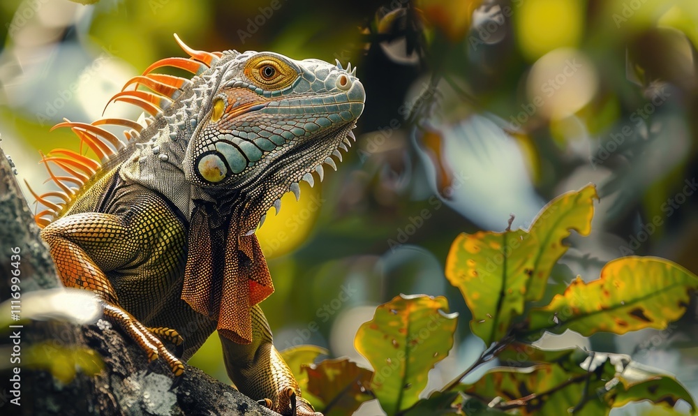 iguana on sunlit tree branch with natural forest view ai generated