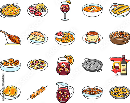 spanish cuisine food paella tapas icons set vector. spain dish, plate meat, traditional gourmet, restaurant mediterranean, tortilla spanish cuisine food paella tapas color line illustrations