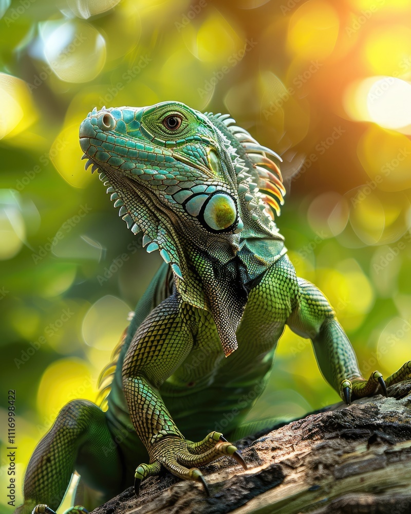 Obraz premium iguana on sunlit tree branch with natural forest view ai generated