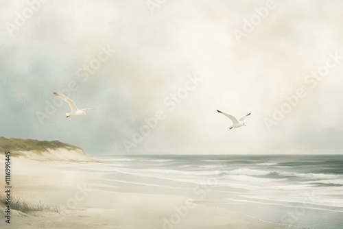 Ocean waves, seagulls, beach oil painting