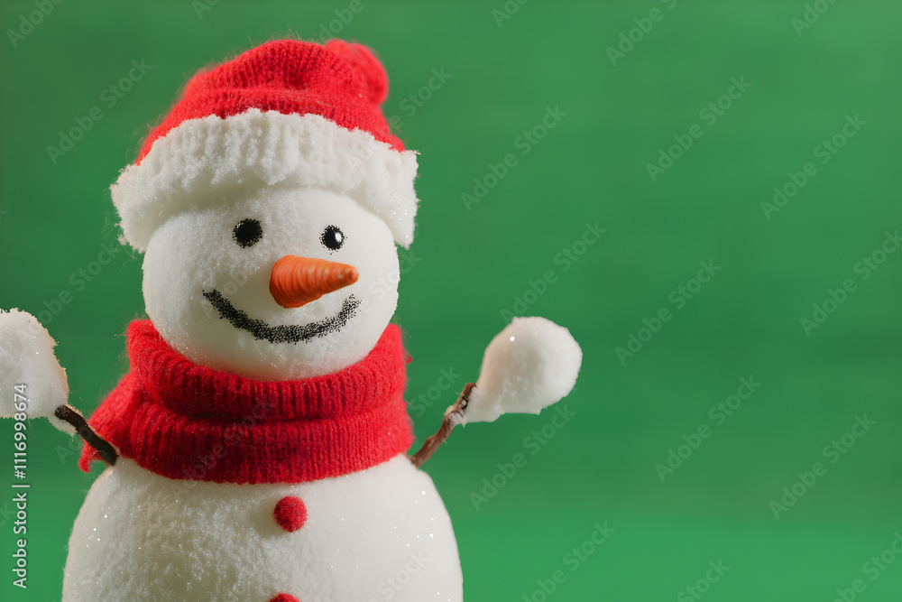 Joyful snowman wearing a red hat and scarf greets the winter season on a bright green background during the holiday festivities Joyful snowman wearing a red hat and scarf greets the winter season on a bright green background during the holiday festivities