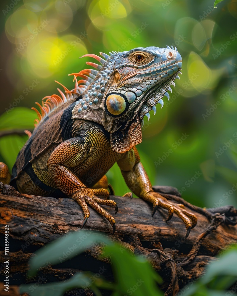 Fototapeta premium iguana on sunlit tree branch with natural forest view ai generated