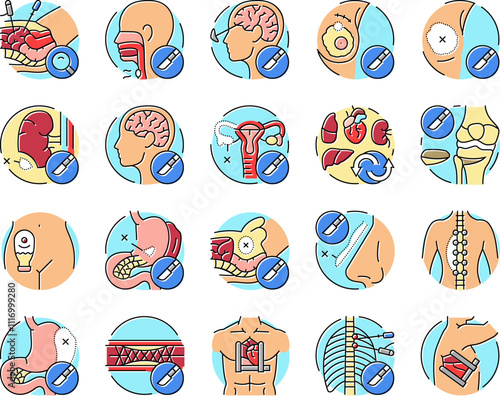 surgery hospital health icons set vector. surgical room, technology plastic, medical patient, emergency medicine, face nose surgery hospital health color line illustrations
