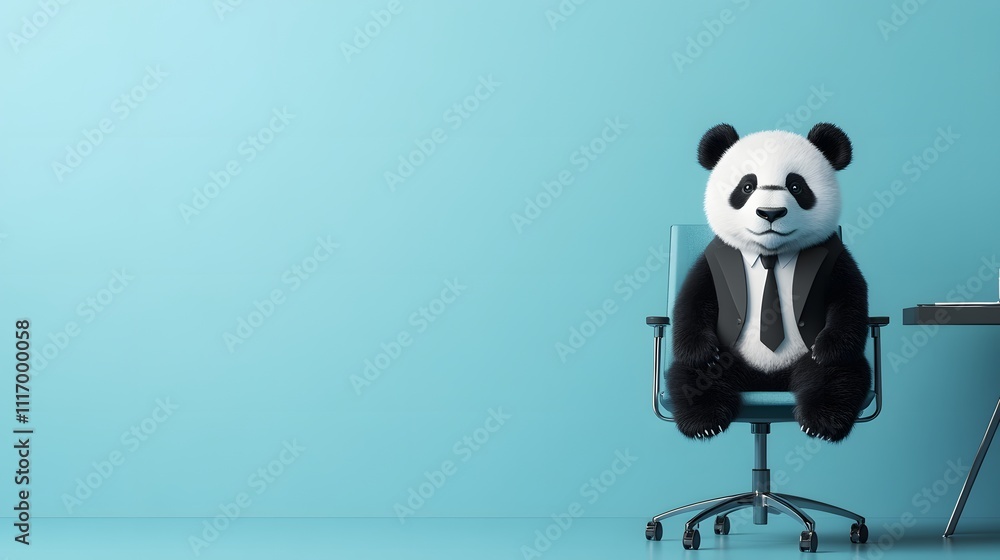 Obraz premium A panda in a professional outfit, standing next to an office chair with a lot of blank space for text