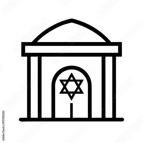 An icon of a synagogue showcases its key architectural elements. The design highlights the Ark a Bimah and seating areas to represent a space of congregation and worship. 