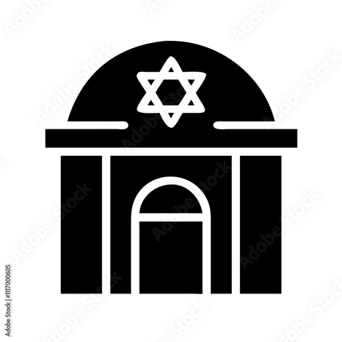 An icon of a synagogue showcases its key architectural elements. The design highlights the Ark a Bimah and seating areas to represent a space of congregation and worship. 