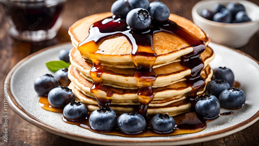 A luscious pour of maple syrup envelops a stack of American pancakes, topped off with vibrant blueberries for added flavor A luscious pour of maple syrup envelops a stack of American pancakes, topped off with vibrant blueberries for added flavor