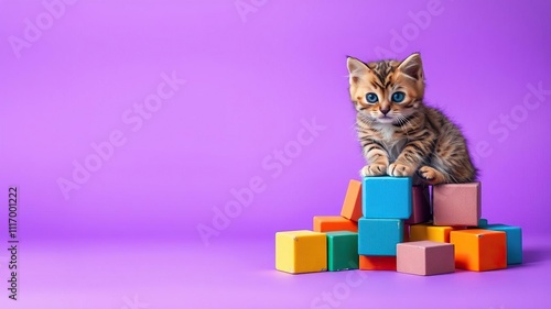 Colorful Purple Background with a Small Fuzzy Cat sitting on a pile of colorful blocks, catplay, whimsicalart photo