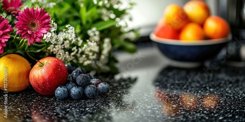 . A close-up of a granite kitchen countertop with decorative elements like a fruit bowl and fresh flowers. photo