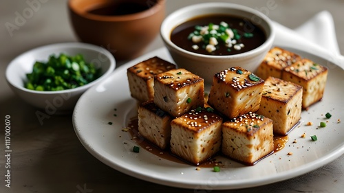 Crispy Tofu with Soy Dipping Sauce on a Minimalist White Plate