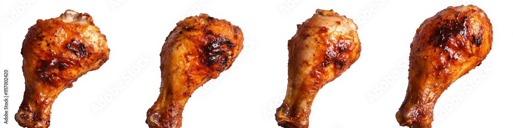Four crispy, golden brown, roasted chicken drumsticks, isolated on white background. Four crispy, golden brown, roasted chicken drumsticks, isolated on white background.