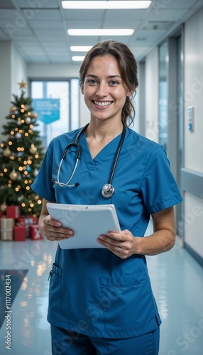 Female doctor holding clipboard.  Standing by a festive holiday display at a medical station. Bright and joyful mood.