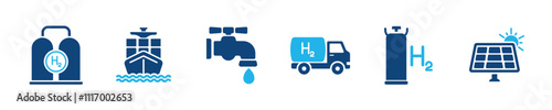 Set of glyph solid icons related hydrogen, gas, water, energy. Perfect pixel on transparent background