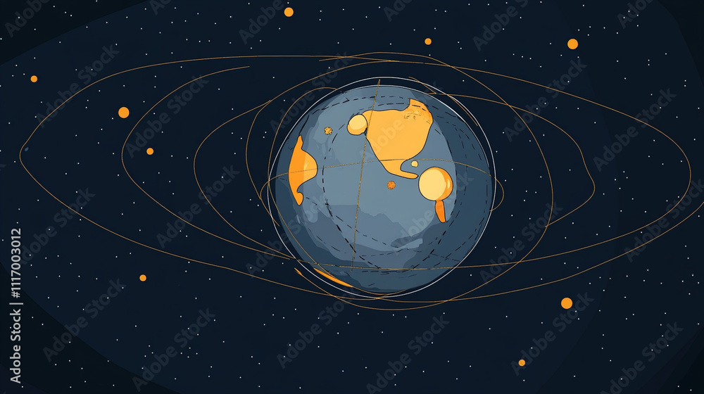 Fototapeta premium Earth axis diagram illustration showing the tilt of the Earth's rotational axis relative to its orbital plane, explaining the cause of seasonal changes and the distribution of sunlight.