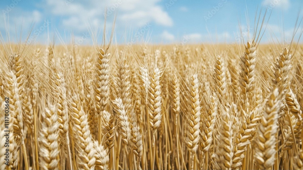 Fototapeta premium A close-up view of golden wheat fields under a blue sky.