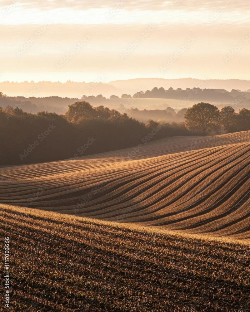 Serene landscape with rolling fields and soft morning light. Serene landscape with rolling fields and soft morning light.