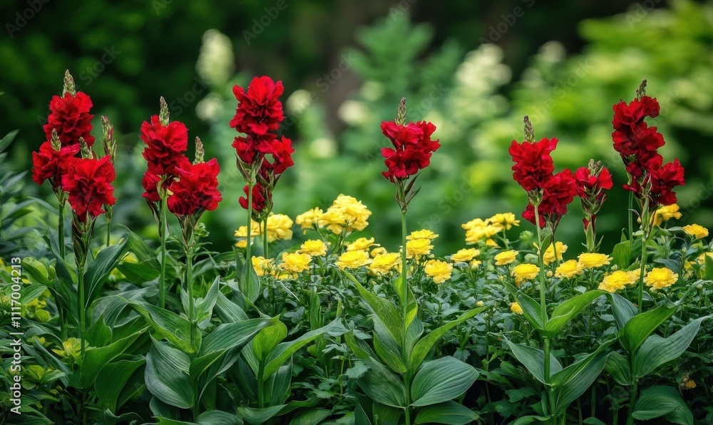 Vibrant flowers in a garden, showcasing red and yellow blooms. Vibrant flowers in a garden, showcasing red and yellow blooms.