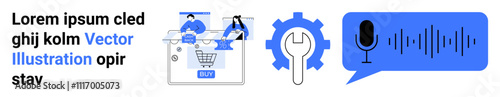 E-commerce shopping cart, technical support cog with wrench, and voice command feature displayed. Ideal for digital marketing, online shopping, technology integration, customer service, user