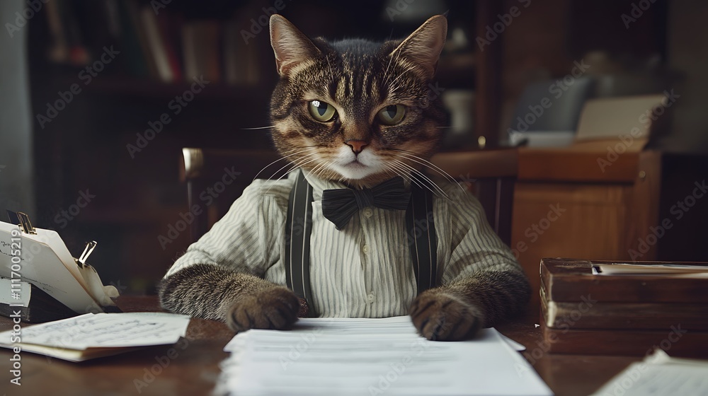 A cat wearing a dress shirt and suspenders, working at a desk with open files and blank space for text A cat wearing a dress shirt and suspenders, working at a desk with open files and blank space for text
