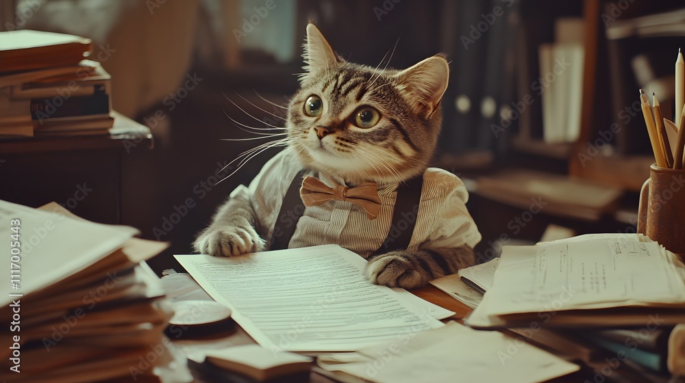 A cat wearing a dress shirt and suspenders, working at a desk with open files and blank space for text A cat wearing a dress shirt and suspenders, working at a desk with open files and blank space for text