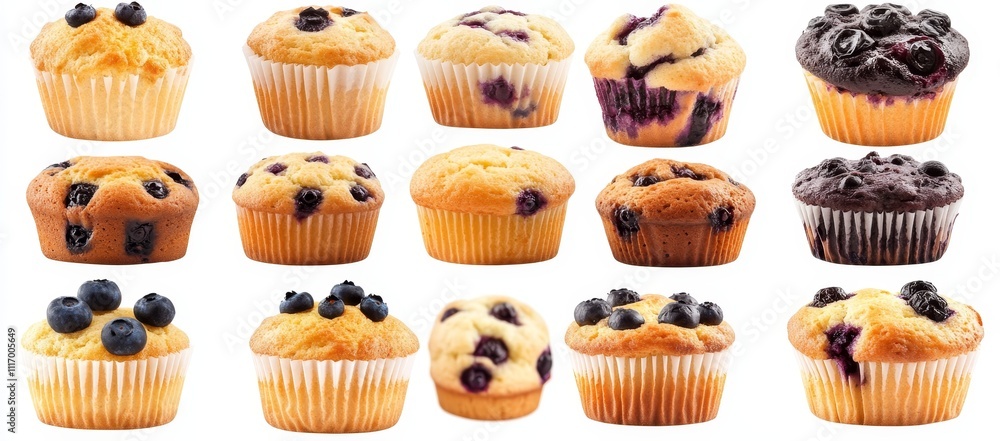 Close-up of 15 blueberry muffins isolated on white background. Close-up of 15 blueberry muffins isolated on white background.