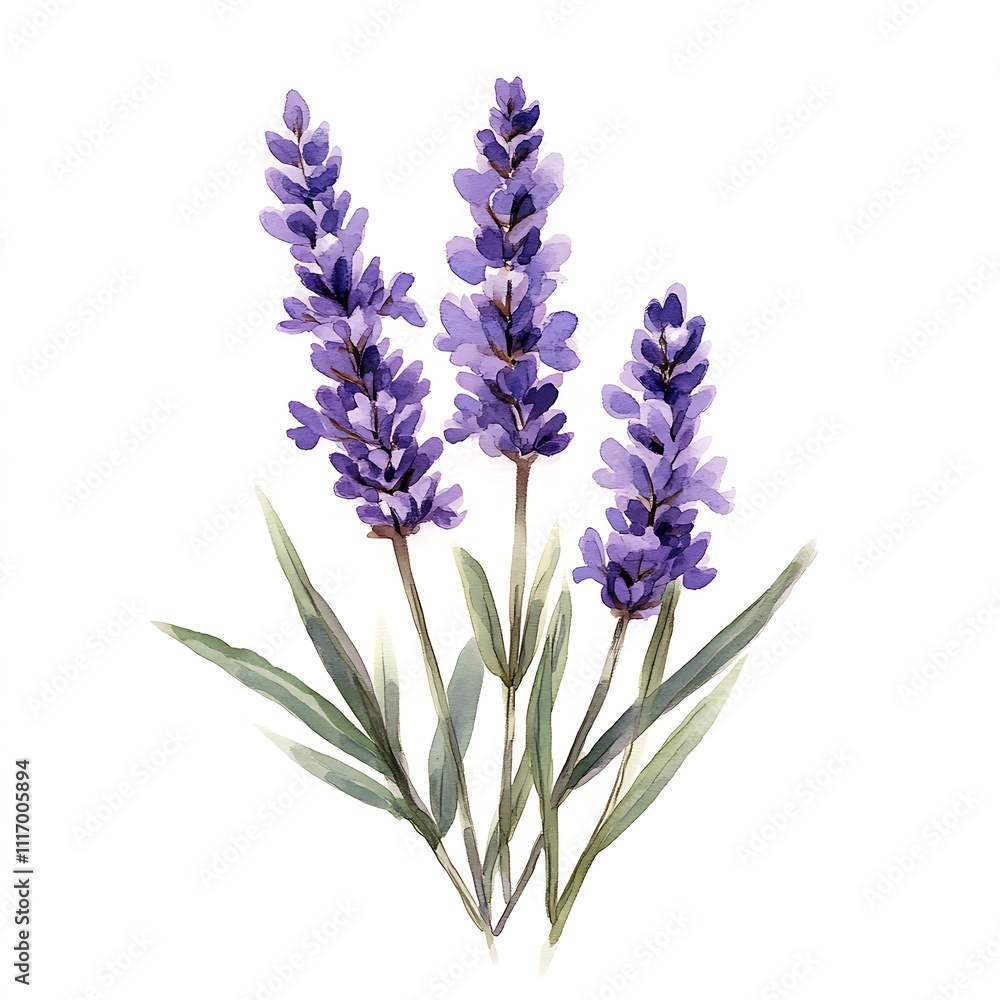 Obraz premium Watercolor illustration of lavender flowers on a white background, perfect for botanical, nature, or floral-themed designs.
