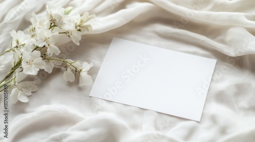 White Flowers and Blank Card on White Fabric