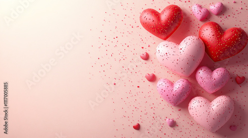 3D pink and red hearts on a pastel background with copy space, a Valentine's Day concept