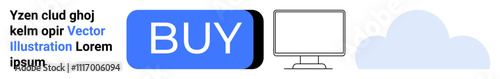 Blue buy button, computer monitor, and cloud shape. Ideal for e-commerce, online shopping, technology, internet services, digital marketing, user interface, cloud computing. Landing page