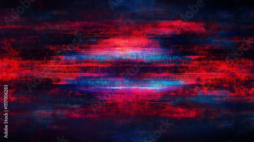 tech signal breakdown, scattered digital artifacts, electric blue red chaos, dark void setting, horizontal interference lines, pixel noise pattern, electronic distortion waves, cyberpunk static effect