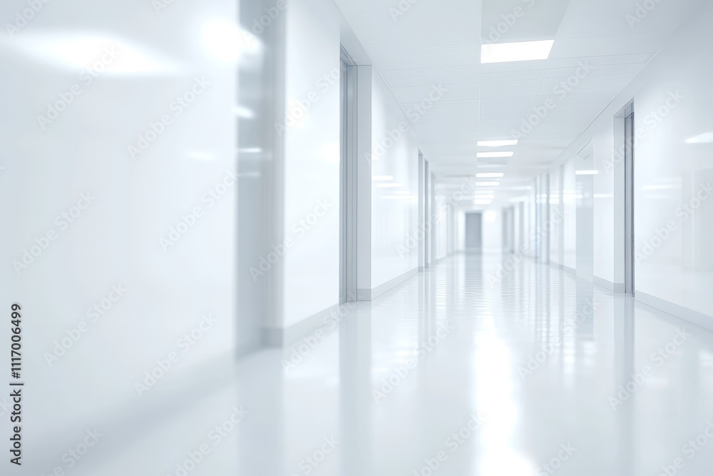 A bright, empty hallway in a modern office building. A bright, empty hallway in a modern office building.