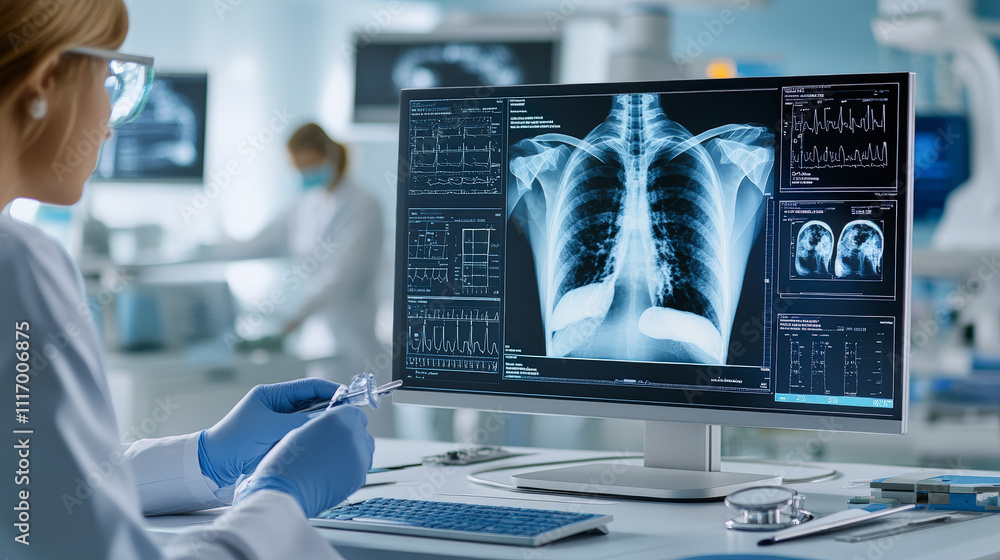 A medical professional analyzes a chest X-ray on a computer screen in a modern laboratory, surrounded by advanced diagnostic equipment. A medical professional analyzes a chest X-ray on a computer screen in a modern laboratory, surrounded by advanced diagnostic equipment.