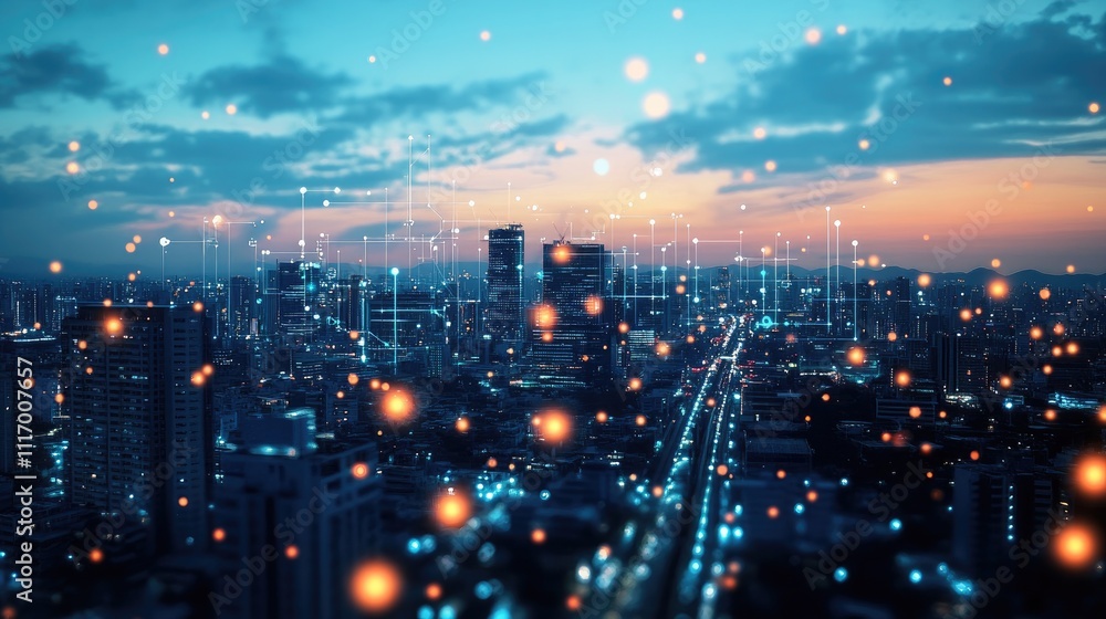Fototapeta premium Smart City Night Skyline Illuminated Network Connections