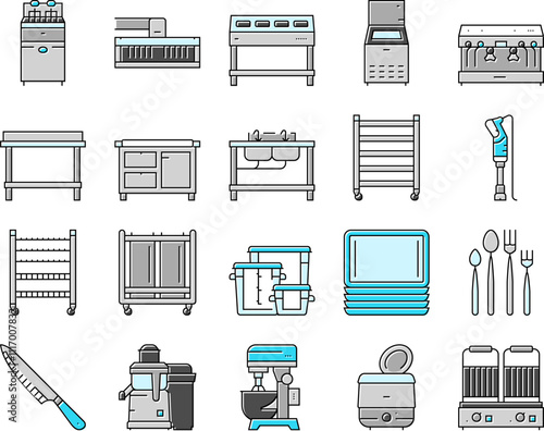 restaurant equipment kitchen cafe icons set vector. fryer commercial, professional industry, clean utensil, interior fridge, stainless restaurant equipment kitchen cafe color line illustrations