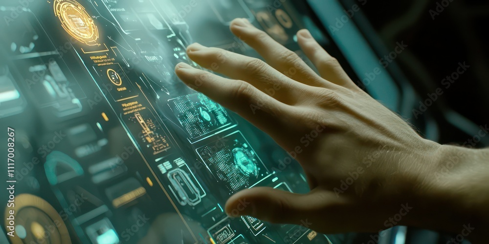 A close-up of a hand interacting with a holographic digital interface, representing advanced technology. A close-up of a hand interacting with a holographic digital interface, representing advanced technology.