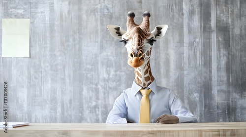 A giraffe in a shirt and tie, standing next to an office desk with a large area above for text photo