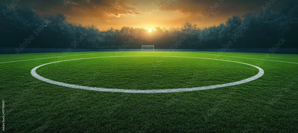Obraz premium hyper-realistic soccer field at dusk with detailed grass textures and dramatic lighting illuminating center circle