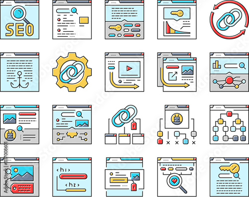 seo optimize community icons set vector. technical audit, market rank, search improve, marketing dashboard, report seo optimize community color line illustrations