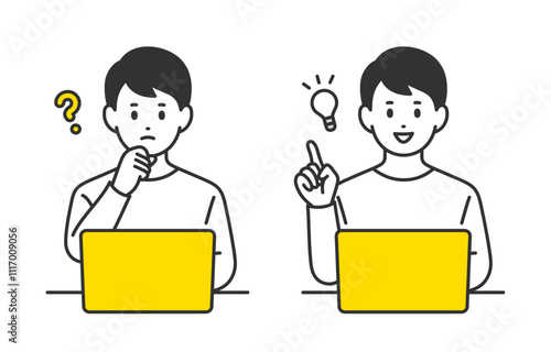 パソコンを見て疑問を持つ･ひらめきのポーズをする若い男性のセット【人物ベクターイラスト素材】