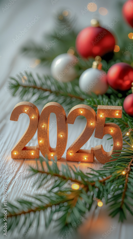 illuminated golden 2025 on festive wooden setting illuminated golden 2025 on festive wooden setting