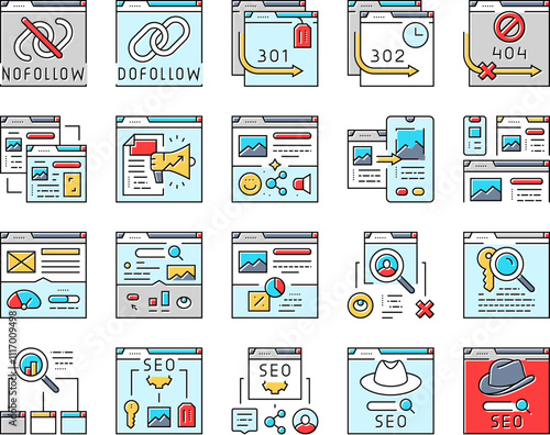 seo technical audit icons set vector. optimize market, rank search, improve marketing, dashboard report seo technical audit color line illustrations
