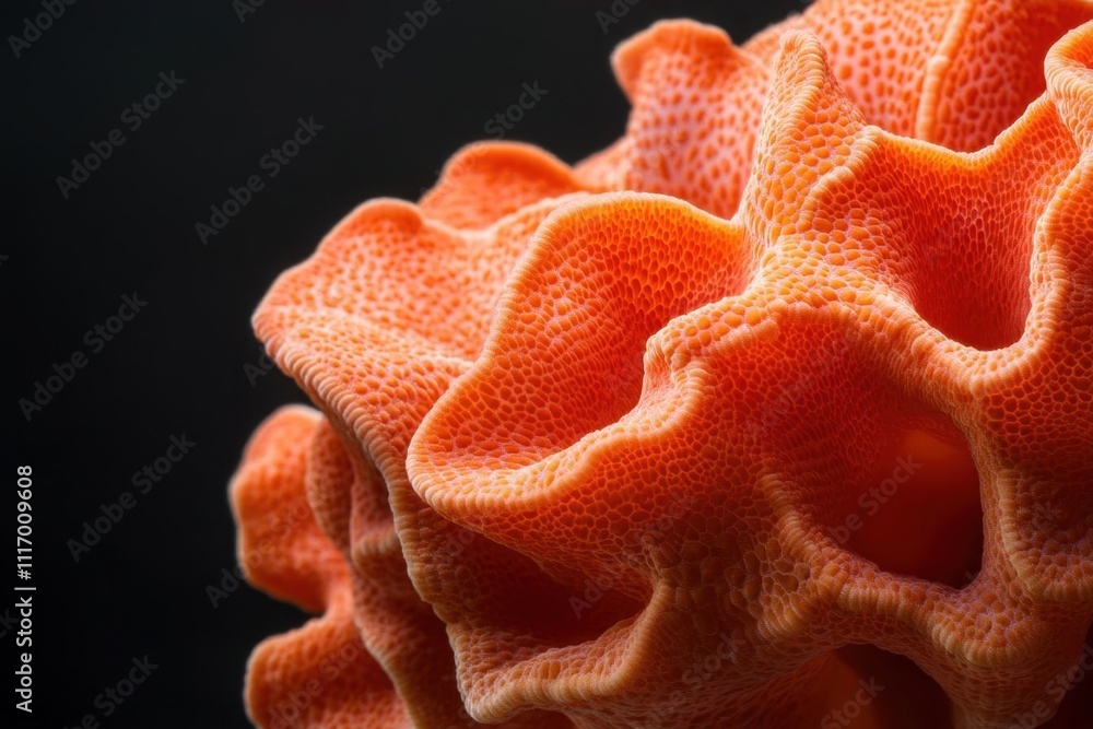 Close-up of an intricate orange coral structure against a dark background. Close-up of an intricate orange coral structure against a dark background.
