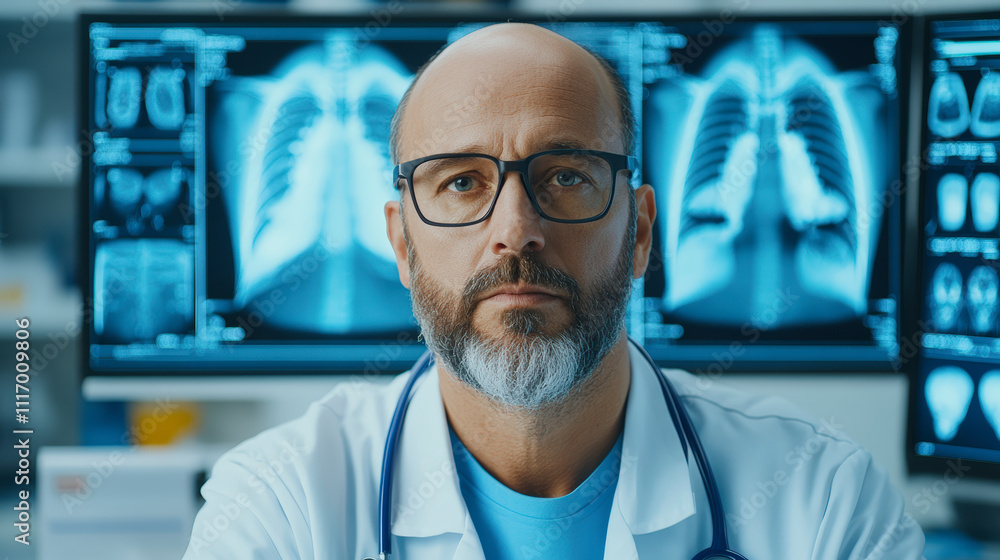 A doctor in a white coat and glasses stands in front of X-rays wearing a stethoscope, conveying a serious and professional demeanor. A doctor in a white coat and glasses stands in front of X-rays wearing a stethoscope, conveying a serious and professional demeanor.